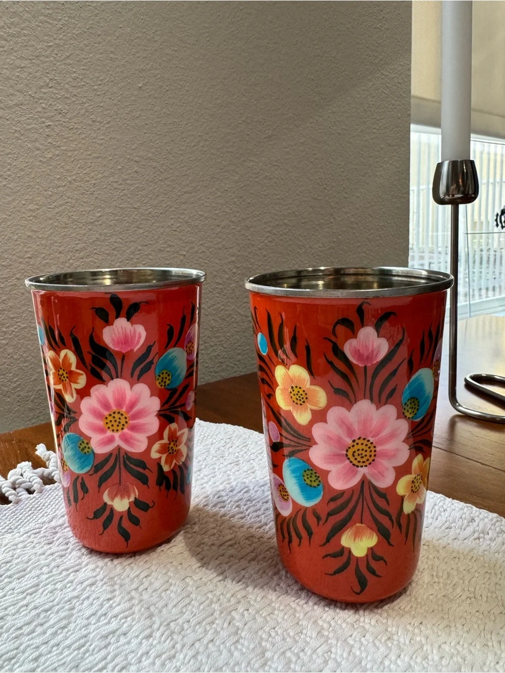 Hand-Painted Floral Orange Enamelware Tumbler - Home Dining